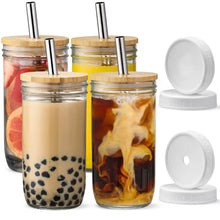 Load image into Gallery viewer, 24oz Drinking Glasses w/ Bamboo Lids Silver Straw Cups Beer Iced Coffee Glasses
