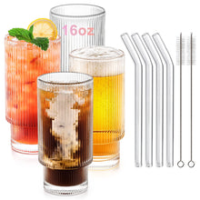 Load image into Gallery viewer, Ribbed Glass Cups with Glass Straws, 16oz/11oz Drinking Glasses, Set of 4pcs/6pcs
