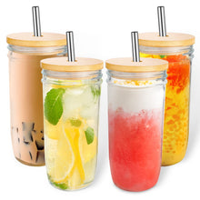 Load image into Gallery viewer, 24oz Drinking Glasses w/ Bamboo Lids Silver Straw Cups Beer Iced Coffee Glasses
