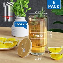 Load image into Gallery viewer, Ribbed Glass Cups with Glass Straws, 16oz/11oz Drinking Glasses, Set of 4pcs/6pcs
