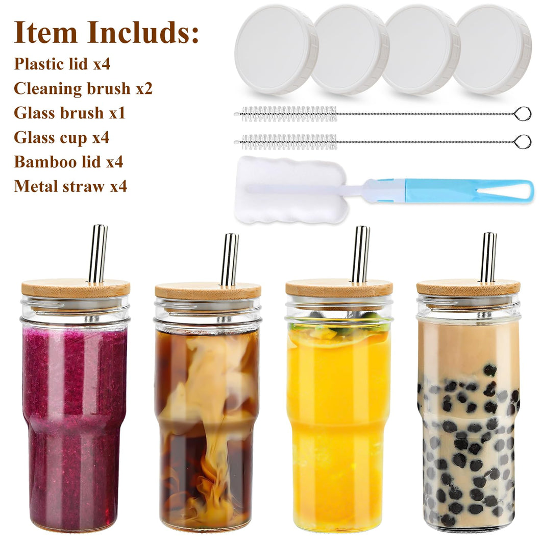 24oz Drinking Glasses w/ Bamboo Lids Silver Straw Cups Beer Iced Coffee Glasses