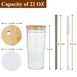 24oz Drinking Glasses w/ Bamboo Lids Silver Straw Cups Beer Iced Coffee Glasses