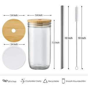 24oz Drinking Glasses w/ Bamboo Lids Silver Straw Cups Beer Iced Coffee Glasses