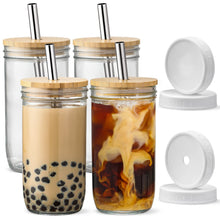 Load image into Gallery viewer, 24oz Drinking Glasses w/ Bamboo Lids Silver Straw Cups Beer Iced Coffee Glasses
